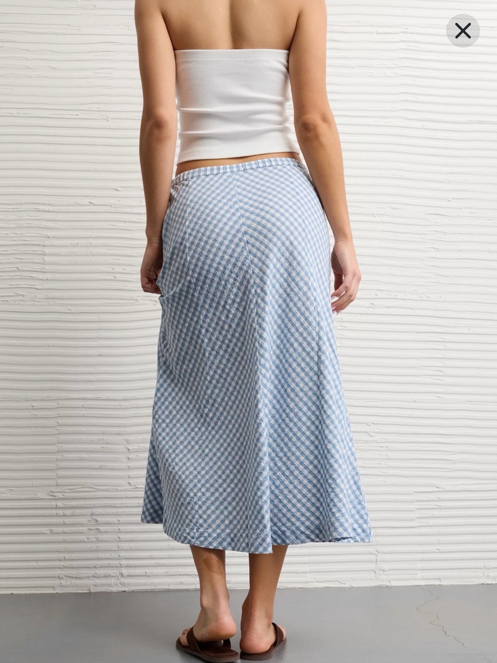 AE Linen-Blend Blue Gingham Midi Skirt - Picture 3 of 6